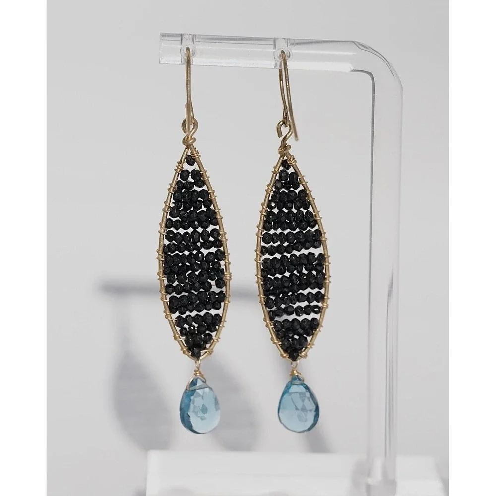Mabel Chong Designer 14k Solid‎ Gold Black Spinel Blue Topaz Dangle Earrings